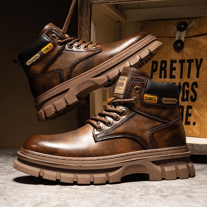 Vintage Men Platform Ankle Boo - Leather Work Flats 评论和价格